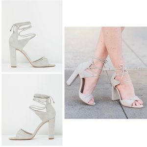 NIB: MODE COLLECTIVE Gray Suede Ankle Lace Up Origami Sandal Heels In Oyster